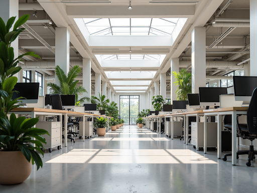 现代化工厂外景，玻璃幕墙建筑，绿色植被环绕，阳光充足，展现企业规模与环保理念