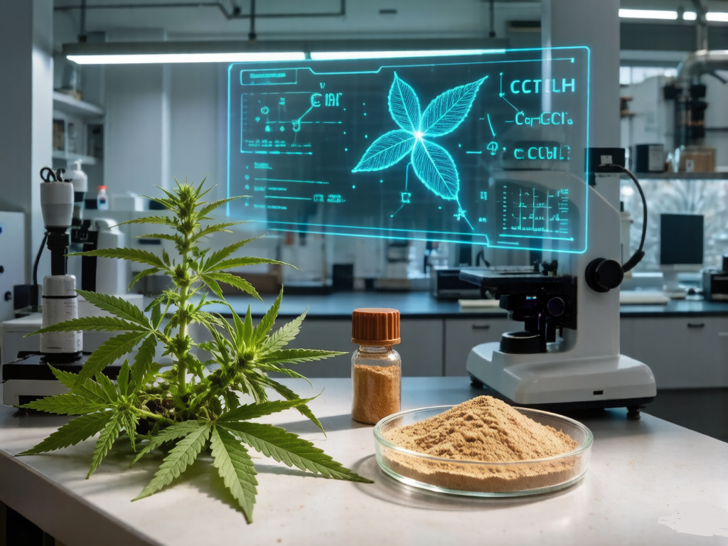 现代化实验室场景，科研人员穿着白大褂，操作精密仪器设备，背景有分子结构图，光线明亮，展现科技创新氛围